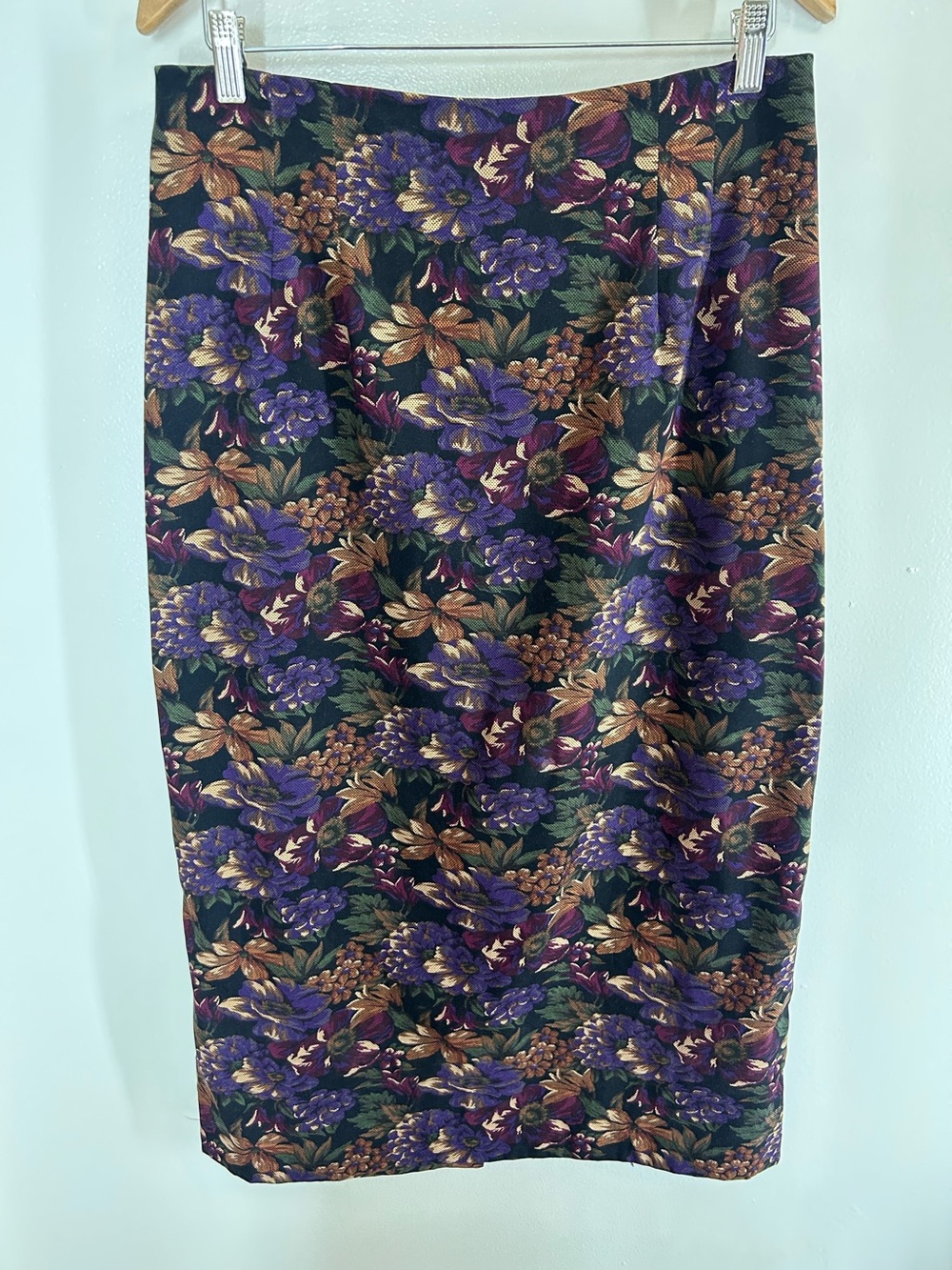 VTG Briggs New York Dark Floral Pencil Skirt Purple & Brown Tapestry Print 14
